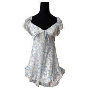 Blue & White Floral Print Mini Dress with Tie Sleeves